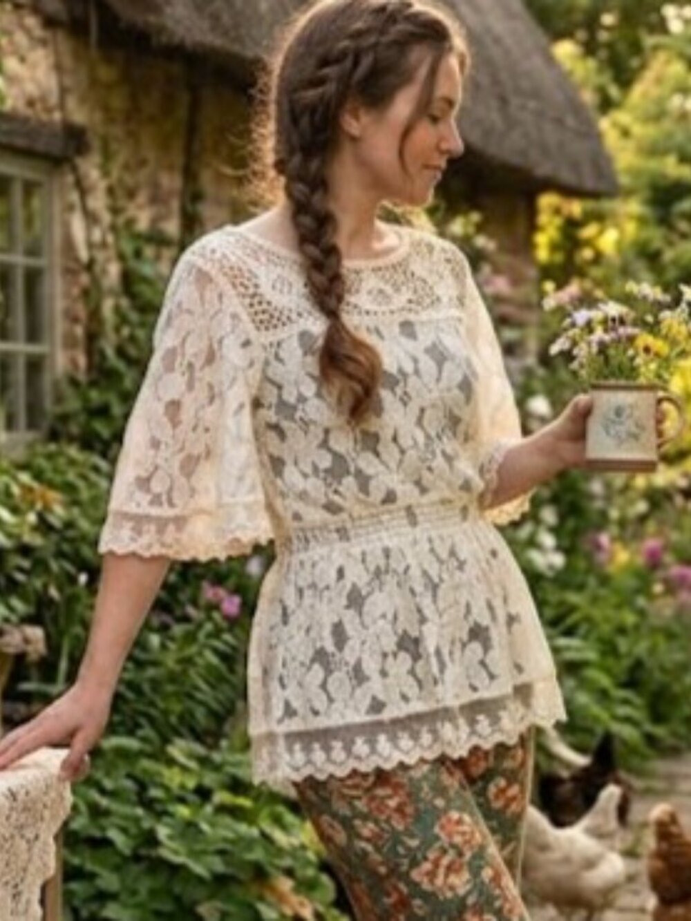 Cream Lace Top with Crochet Detailing